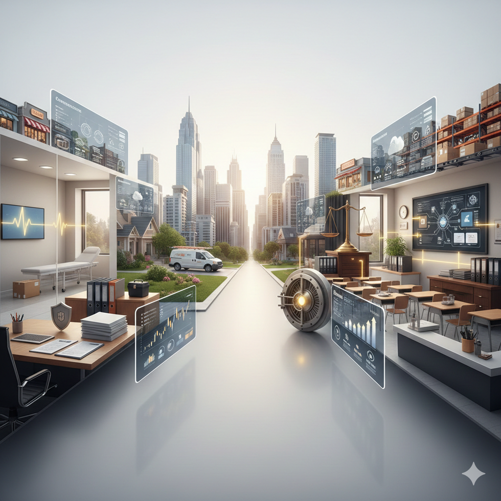 A high-resolution cinematic composition showcasing a professional multi-industry landscape. The scene features a modern medical clinic, a legal office with scales of justice, a financial vault, and a tech-integrated classroom, all layered against a clean white and gold city skyline.